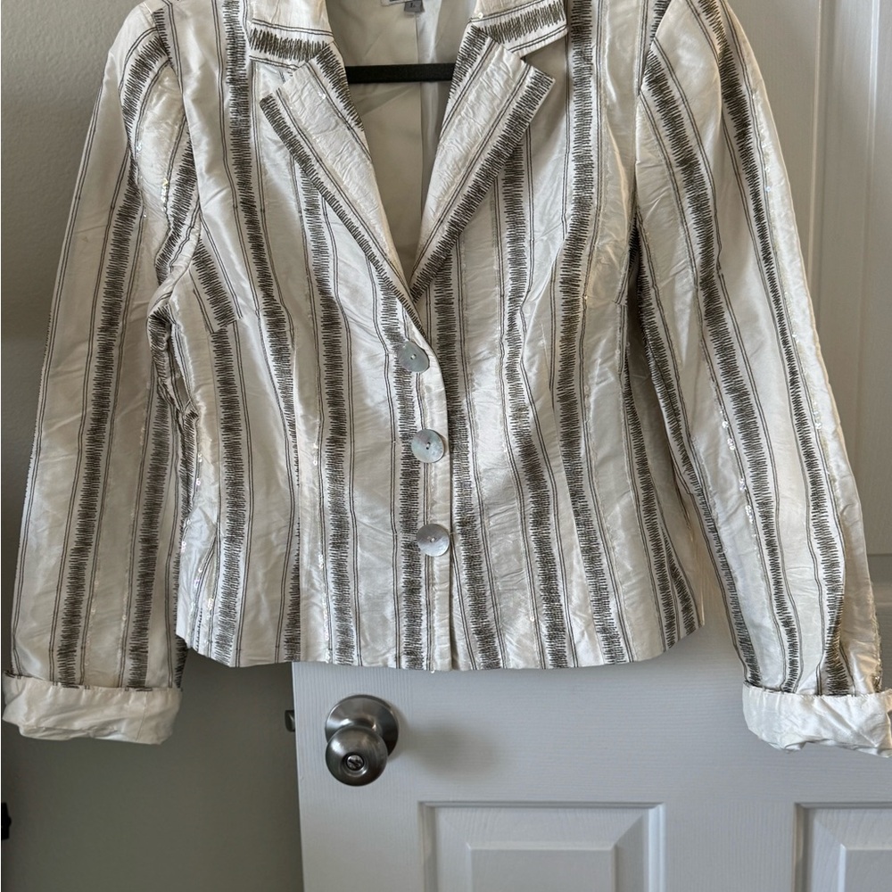 Finicky Filly Evening Blazer, L, White/ Gray w Sequins, 3 Button Front Like New